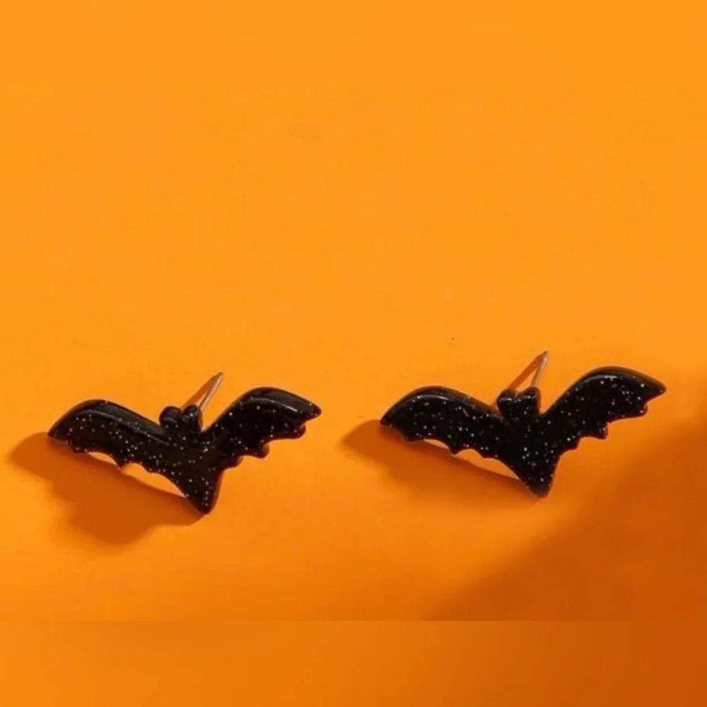 Glitter Bat Halloween Black Stud Earrings NEW